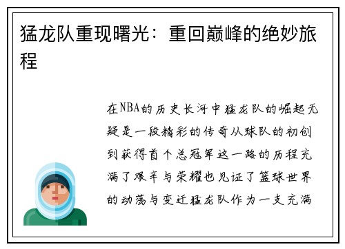 猛龙队重现曙光：重回巅峰的绝妙旅程